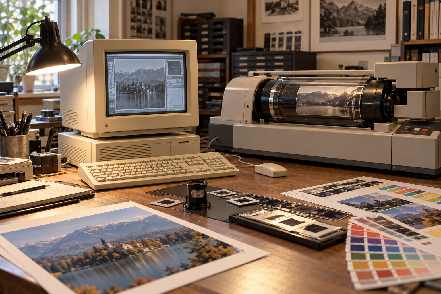 Illustrative Darstellung eines klassischen Macintosh und eines Trommelscanners in einem Reprostudio der frühen 1990er-Jahre.