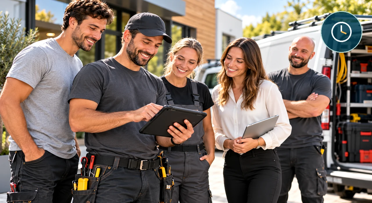 Mitarbeiter und Büroangestellte besprechen einen Auftrag gemeinsam anhand eines Tablets