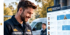 Mitarbeiter mit Tablet und einem digitalen ERP-Arbeitsbildschirm