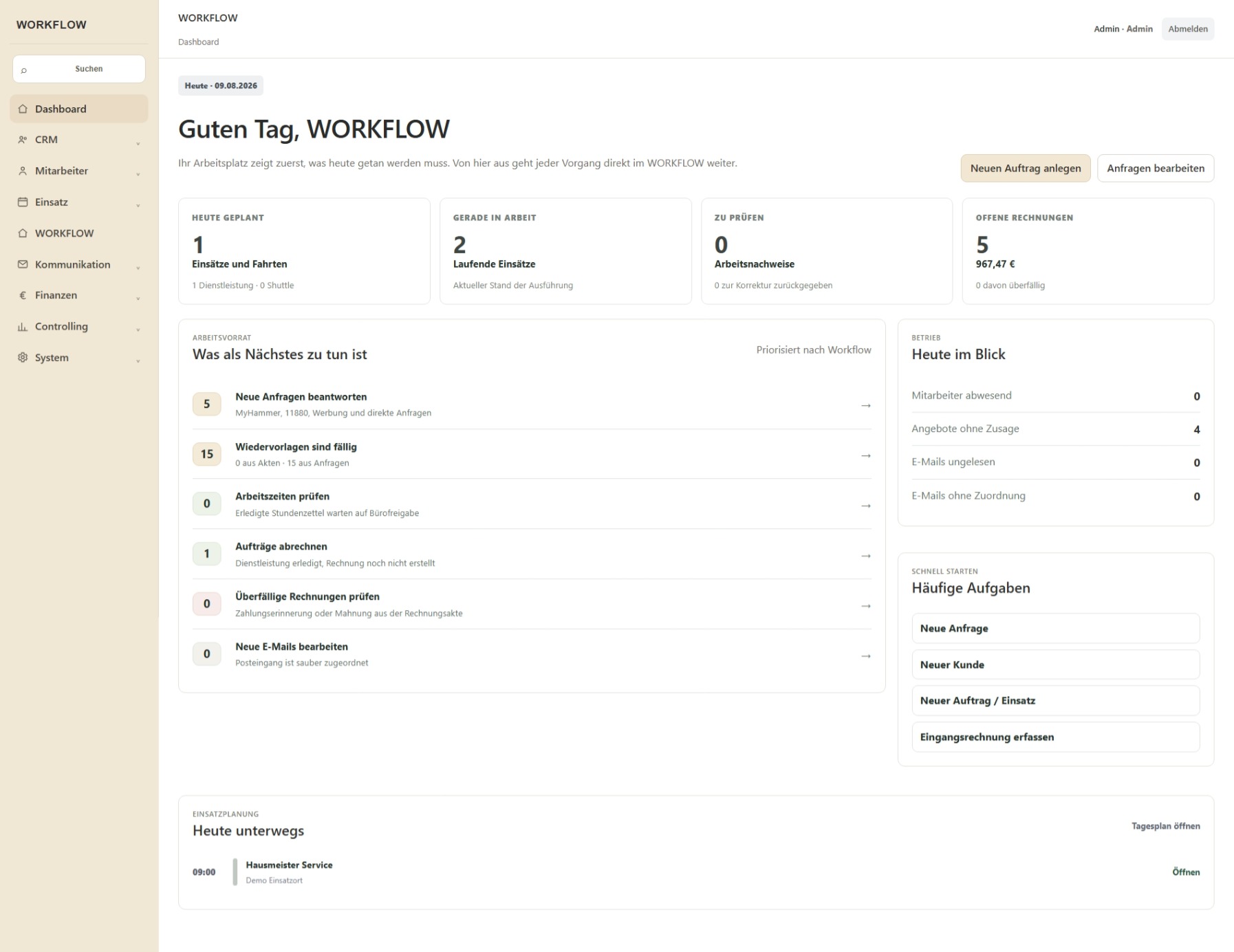 WORKFLOW Dashboard mit Aufgaben, Einsätzen und offenen Rechnungen