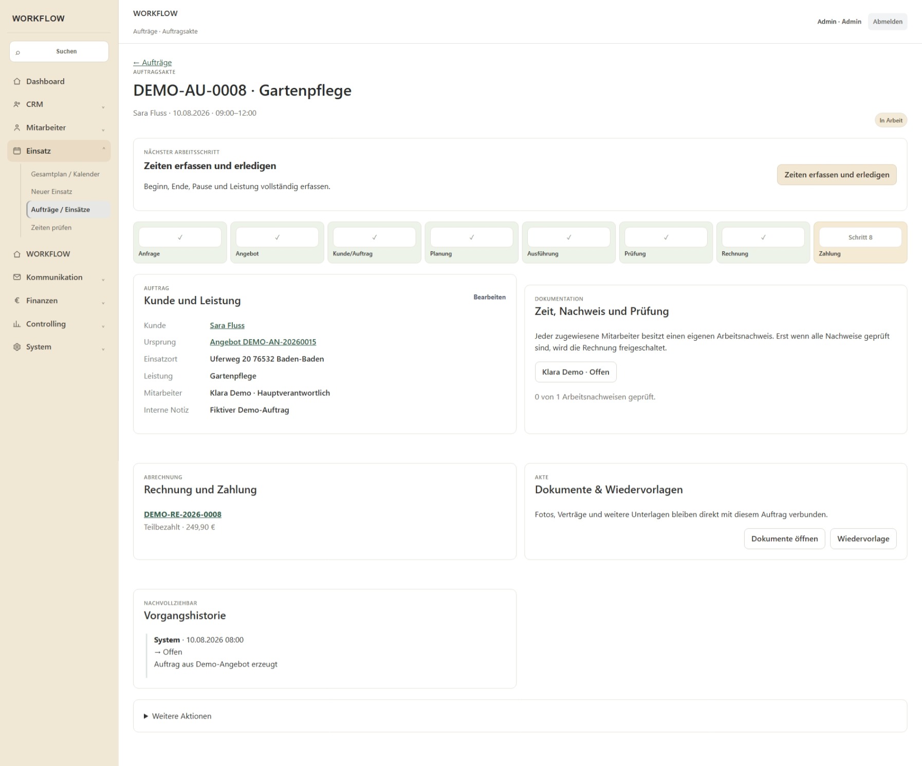 WORKFLOW Ausführung und Arbeitszeiterfassung
