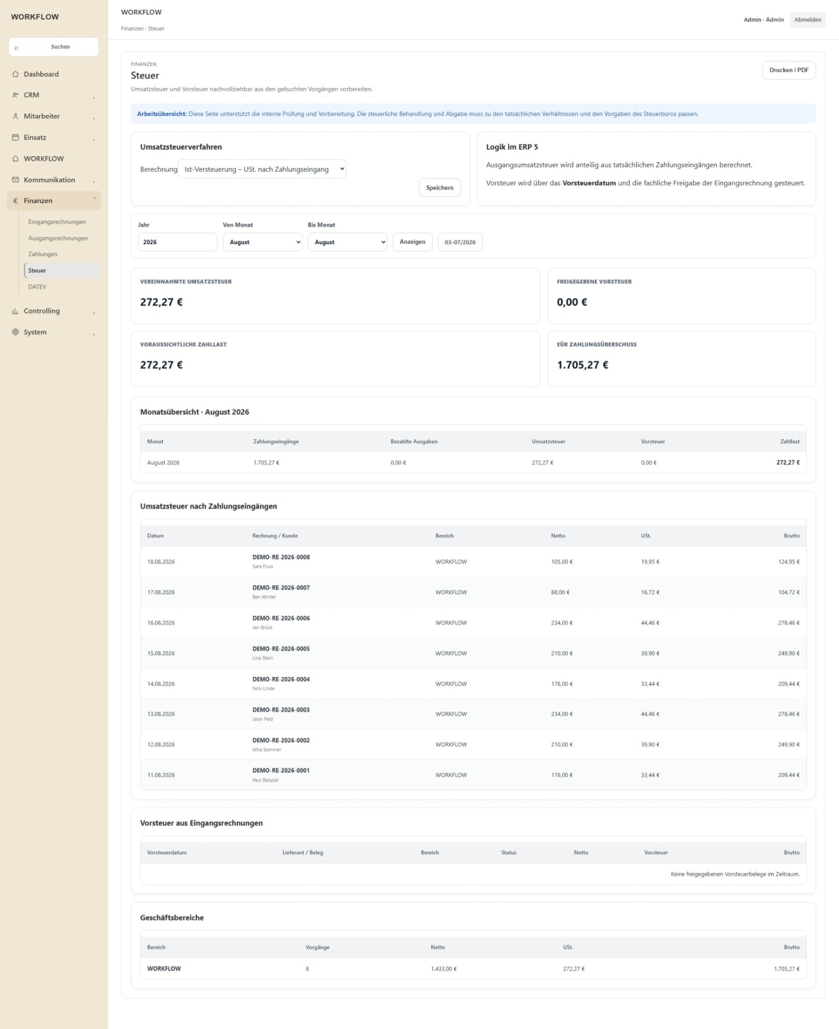 WORKFLOW Steuerübersicht